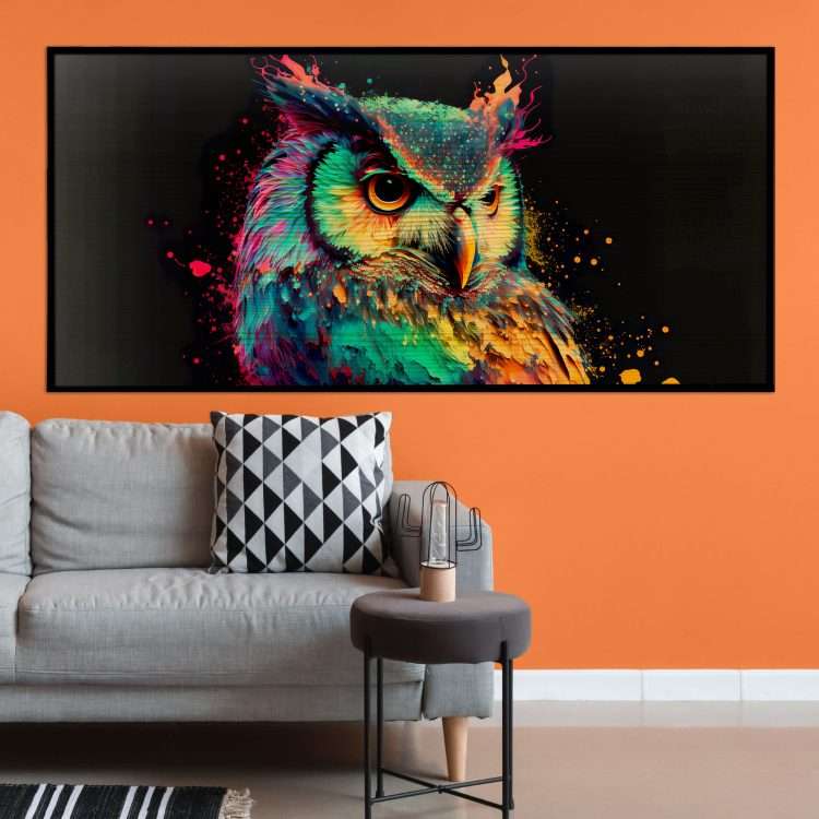 Wood Painting with "Owl" theme in a black wooden frame-Massdeco