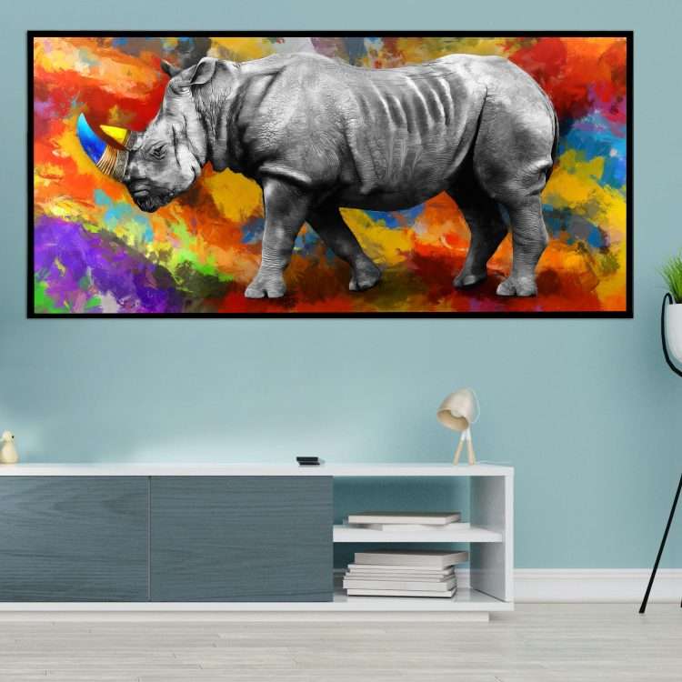 Plexiglass painting with "Rhino" theme in black wooden frame-Massdeco