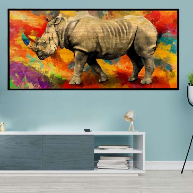Wood Panel with "Rhino" theme in black wooden frame-Massdeco