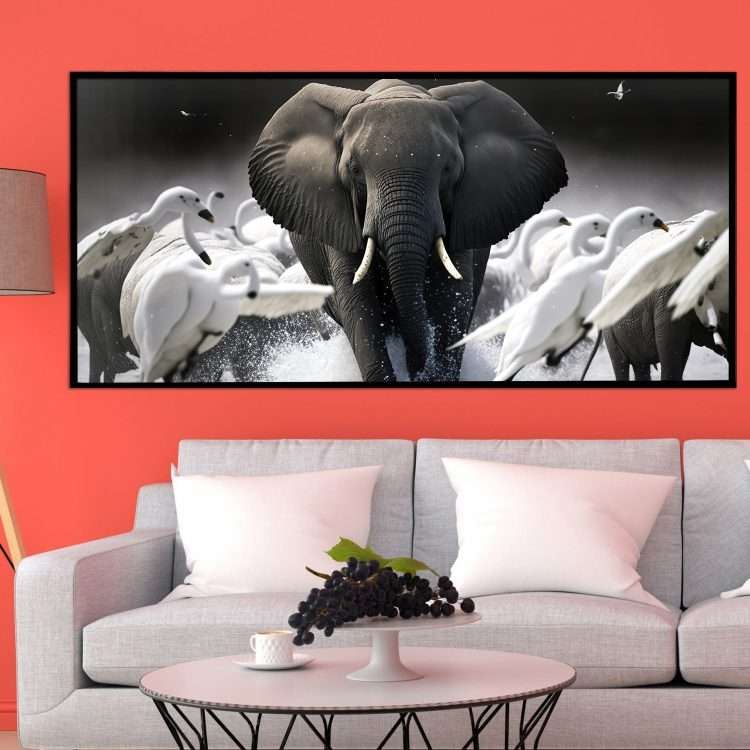 Plexiglass painting with "Elephant" theme in a black wooden frame-Massdeco
