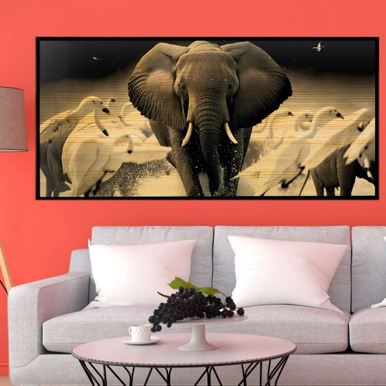 "Elephant" Theme Wood Panel in Black Wooden Frame-Massdeco