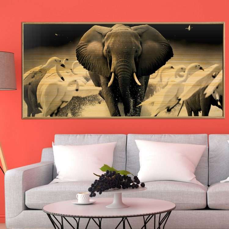 Wood Panel with "Elephant" Theme in Wooden Frame-Massdeco
