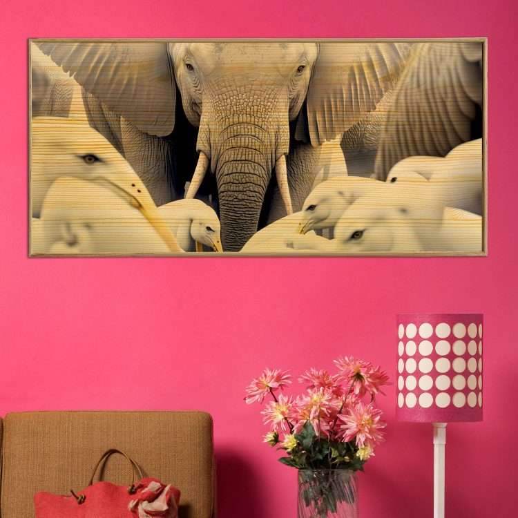 "Elephant and Birds" Wood Panel in Wooden Frame-Massdeco
