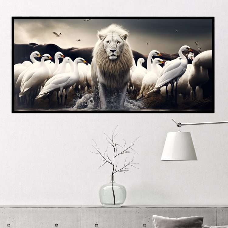 Πίνακας σε Plexiglass με Θέμα "Λιοντάρι και πουλιά" σε μαύρη ξύλινη Κορνίζα-Massdeco