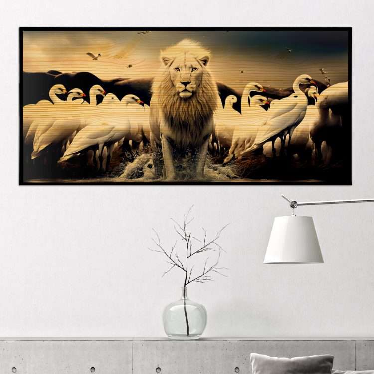 "Lion and birds" wood panel in black wooden frame-Massdeco