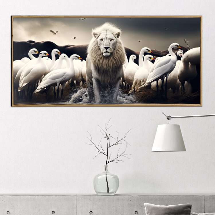 Plexiglass painting with "Lion and birds" theme in a wooden frame-Massdeco