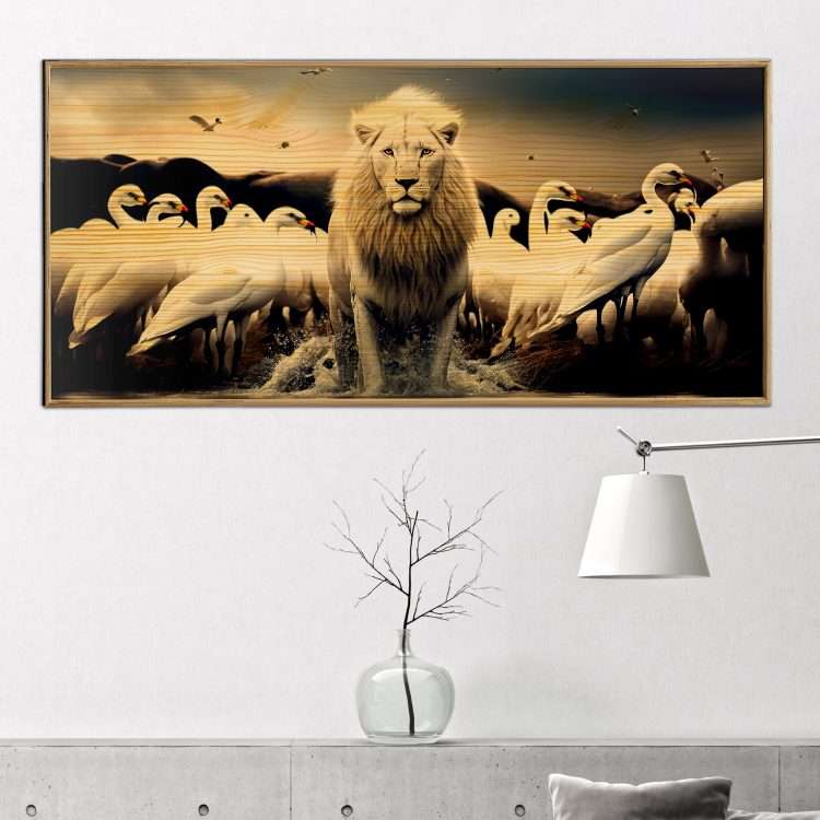 "Lion and birds" wood panel in a wooden frame-Massdeco