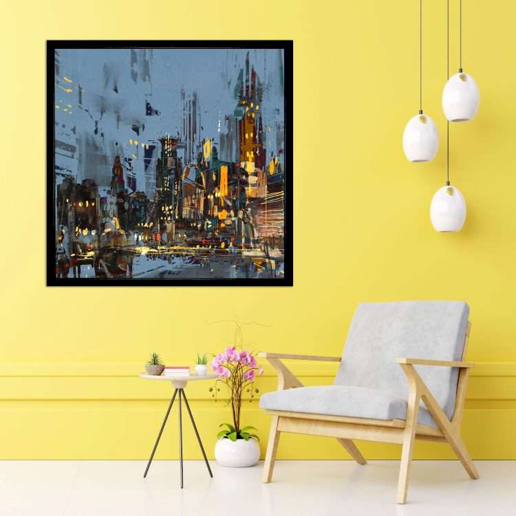 Plexiglass painting with "City" theme in a black wooden frame-Massdeco