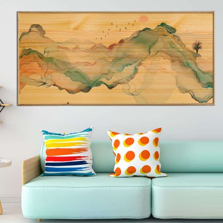 Wood Painting with "Mountains" theme in a wooden frame-Massdeco