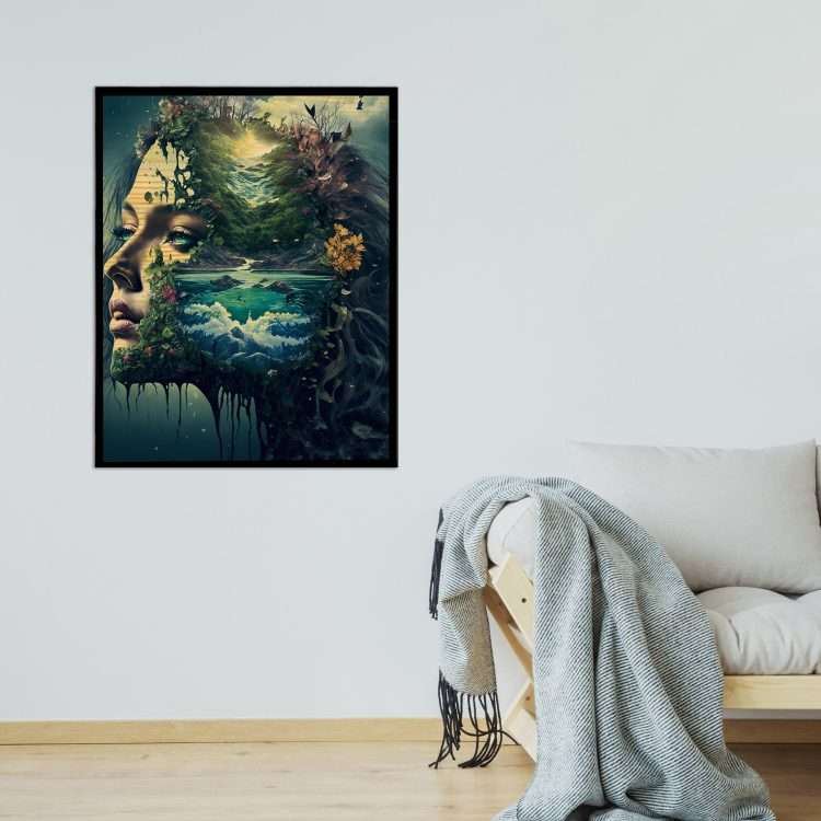 Wood Painting with "Mother Nature" theme in a black wooden frame-Massdeco